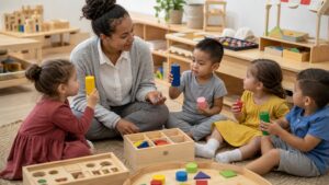 Teacher and young children using blocks and hands-on materials for playful math learning in a preschool classroom.