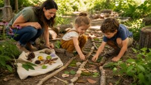 Young children arranging leaves, flowers, stones, seed pods, and logs during a playful nature adventure.