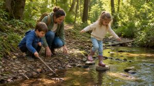 Children and caregiver exploring a safe outdoor path with stones, leaves, sticks, water reflections, and natural textures.