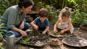 Children exploring soil, leaves, stones, seeds, twigs, and water in a backyard garden discovery area.