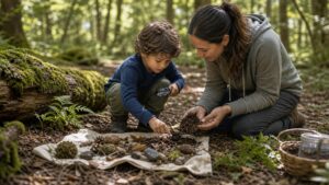 Child and caregiver observing moss, soil, leaves, stones, and seed pods on a wooded nature trail.