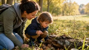 Child and caregiver observing bark, grass, leaves, and tiny natural details in a quiet park meadow.