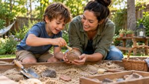 A child and caregiver brushing soil from a replica clay vessel during a backyard history activity
