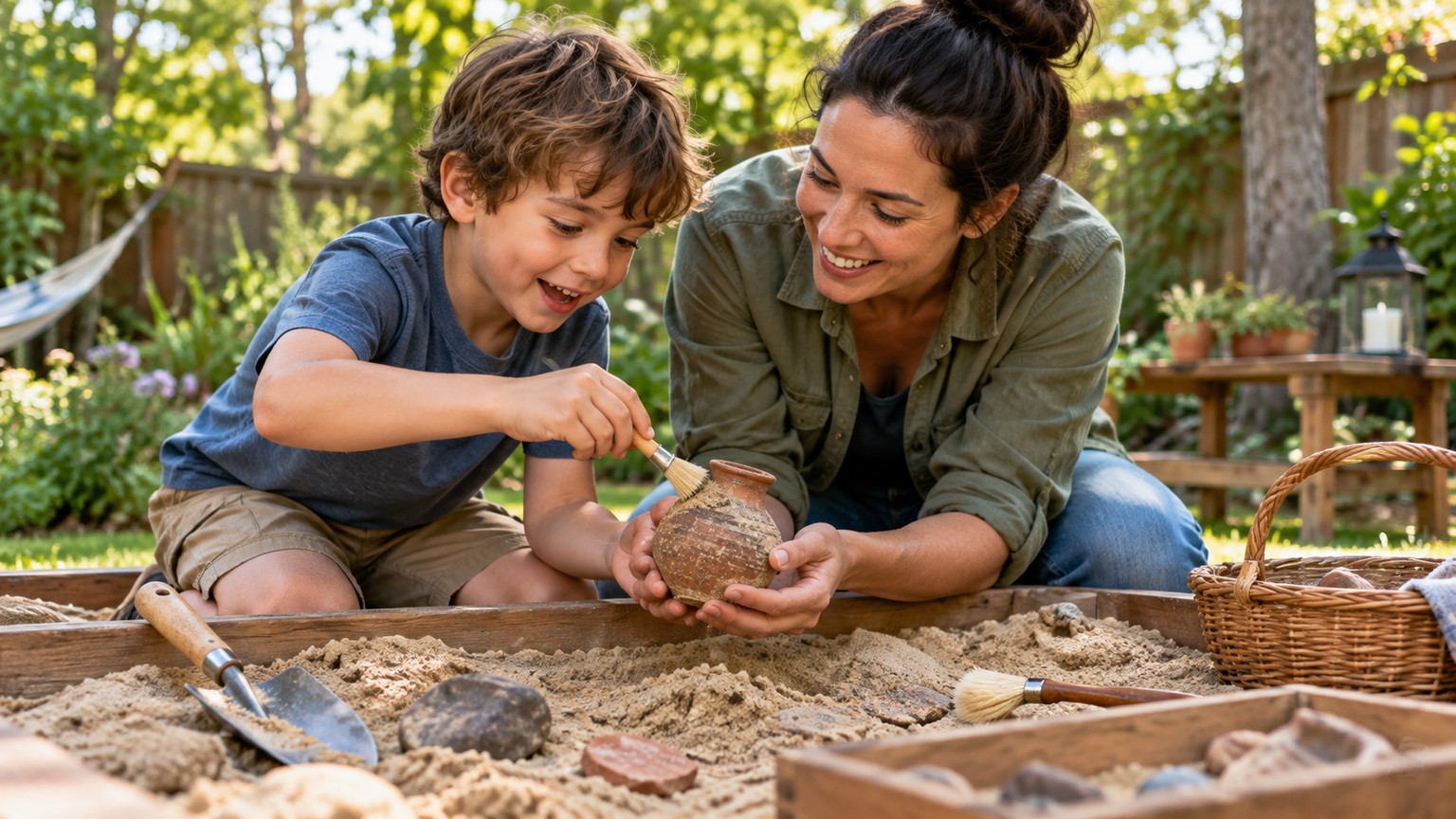 A child and caregiver brushing soil from a replica clay vessel during a backyard history activity