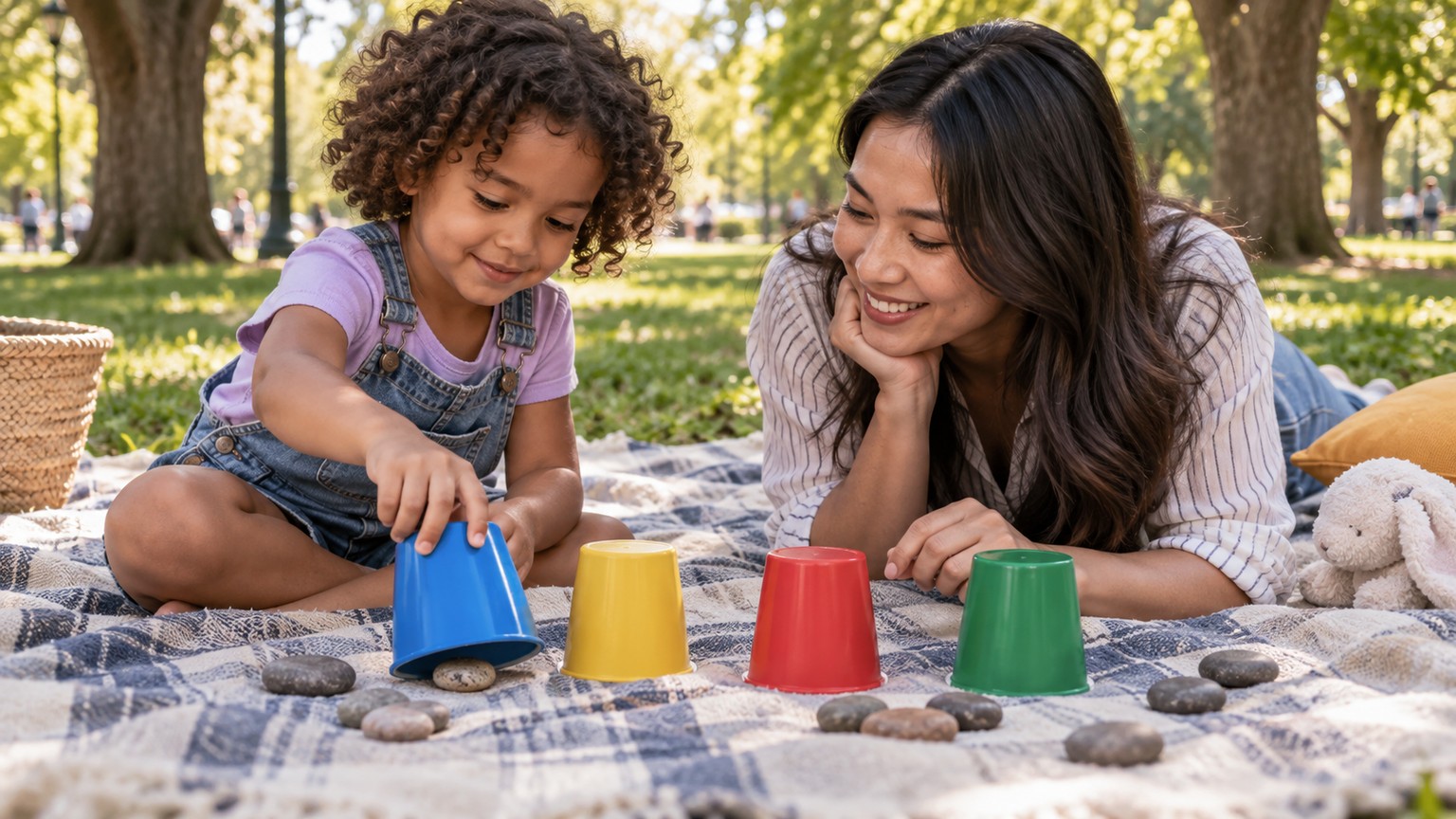 A child and caregiver playing a hidden-stone logic game with colored cups on a park blanket