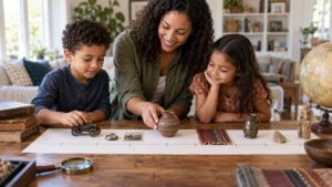 A parent and two children exploring historical objects along a paper timeline at home