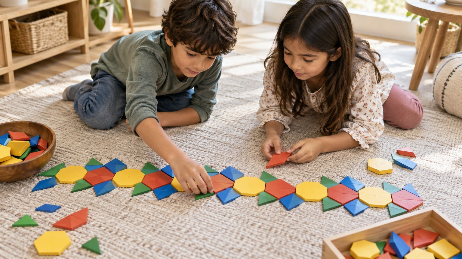Two children arranging colorful wooden shapes into a repeating floor pattern