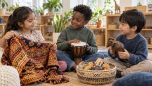Three children sharing patterned cloth, a drum, a carved animal, and a food basket in a classroom