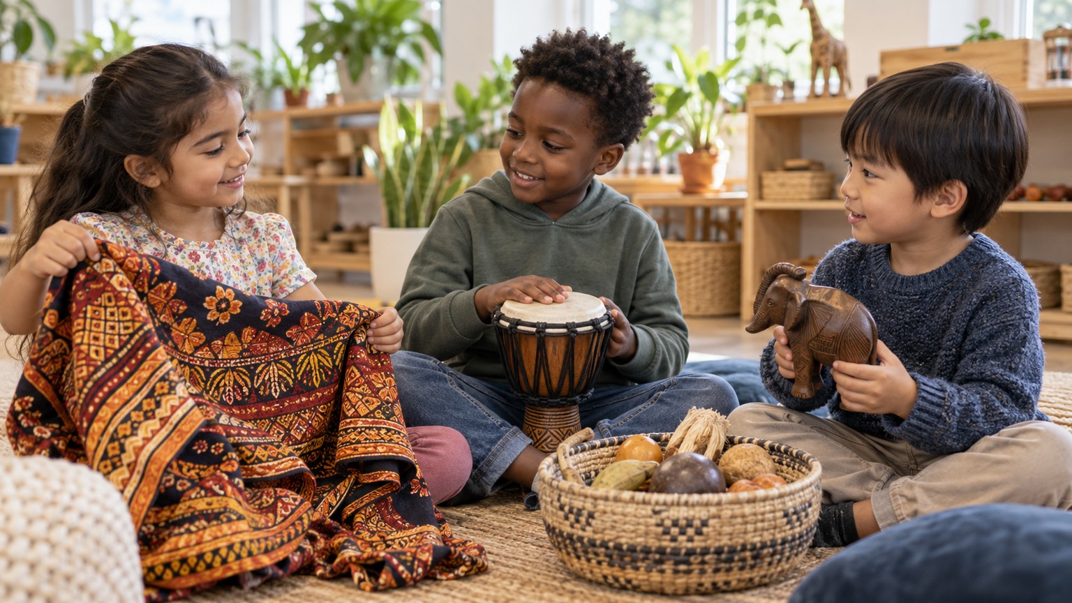 Three children sharing patterned cloth, a drum, a carved animal, and a food basket in a classroom