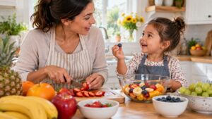 A parent and preschool child talking while preparing a colorful fruit salad together