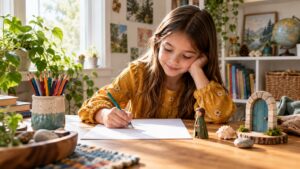 A child creating a story with blank paper, colored pencils, a wooden character, a shell, and a toy doorway