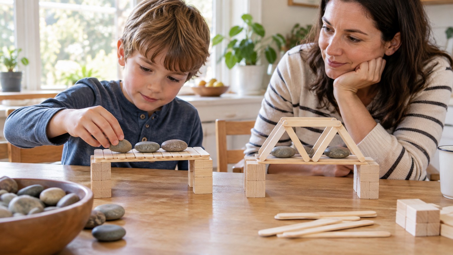 A child and caregiver comparing two craft-stick bridge designs by testing them with smooth stones