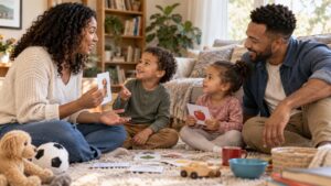 A family sharing picture cards and household objects during an animated conversation in the living room