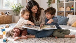 A parent sharing a wordless picture book with a toddler and preschool child who point and respond in different ways