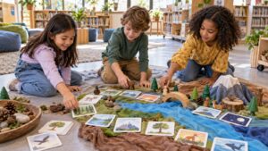 Three children arranging picture cards, wooden figures, fabric, and natural objects into a collaborative story path
