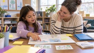 A teacher listening as a child uses drawings, scene cards, and blank sticky notes to revise a creative story