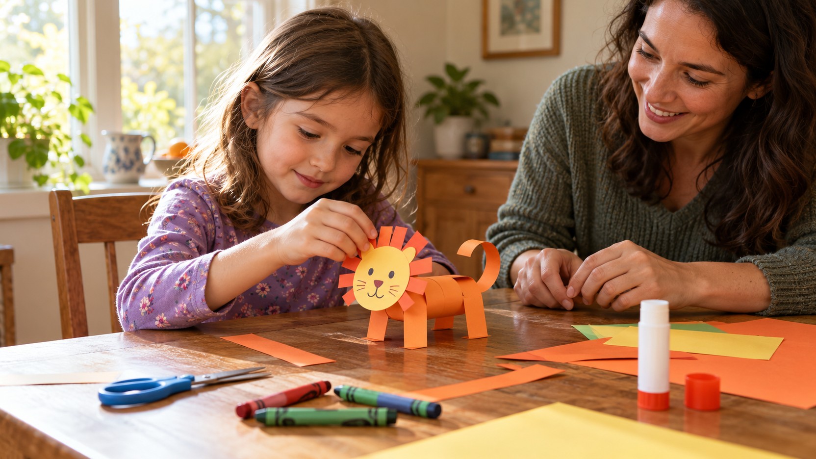 Child making an orange paper animal at a home craft table with a caregiver nearby