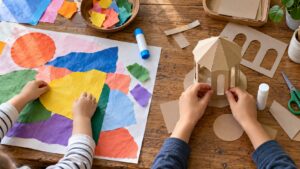 Children of different ages arranging large paper shapes and a folded cardboard construction