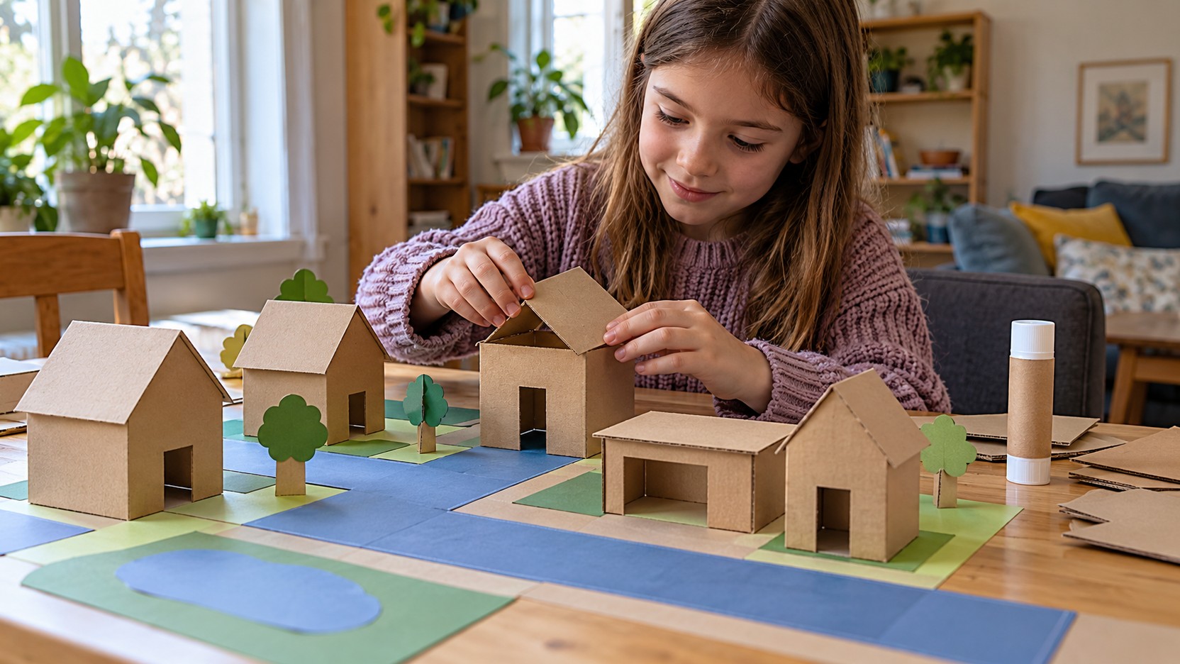 Child arranging handmade cardboard buildings along paper roads on a home table