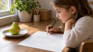 Beginning artist looking at a pear while sketching its rounded outline on plain paper
